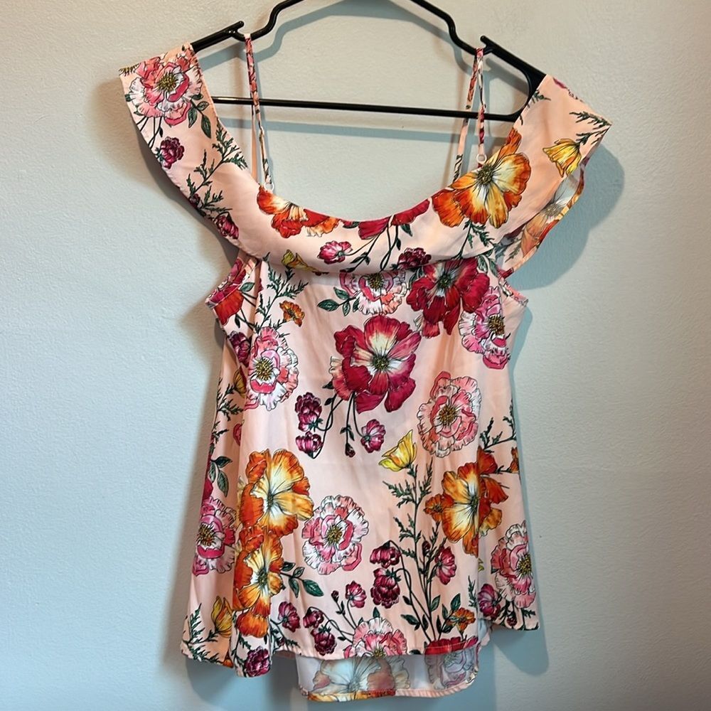 Express Medium Blouse Tank Top Off Shoulder Top Floral Ruffle Pink Colorful